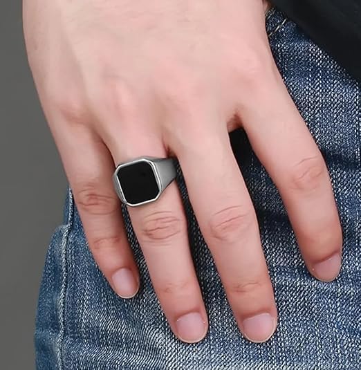 Geometric Polygon Stainless Steel Cushion Gem Stone Dripping Glue Black Square Enamel Sand Shell Male Punk Thumb Finger/Knuckle Signet Ring For Men's & Boy's