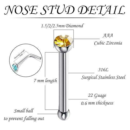 8 Pcs Silver And Multicolor Nose Pins Stainless Steel Nose Rings